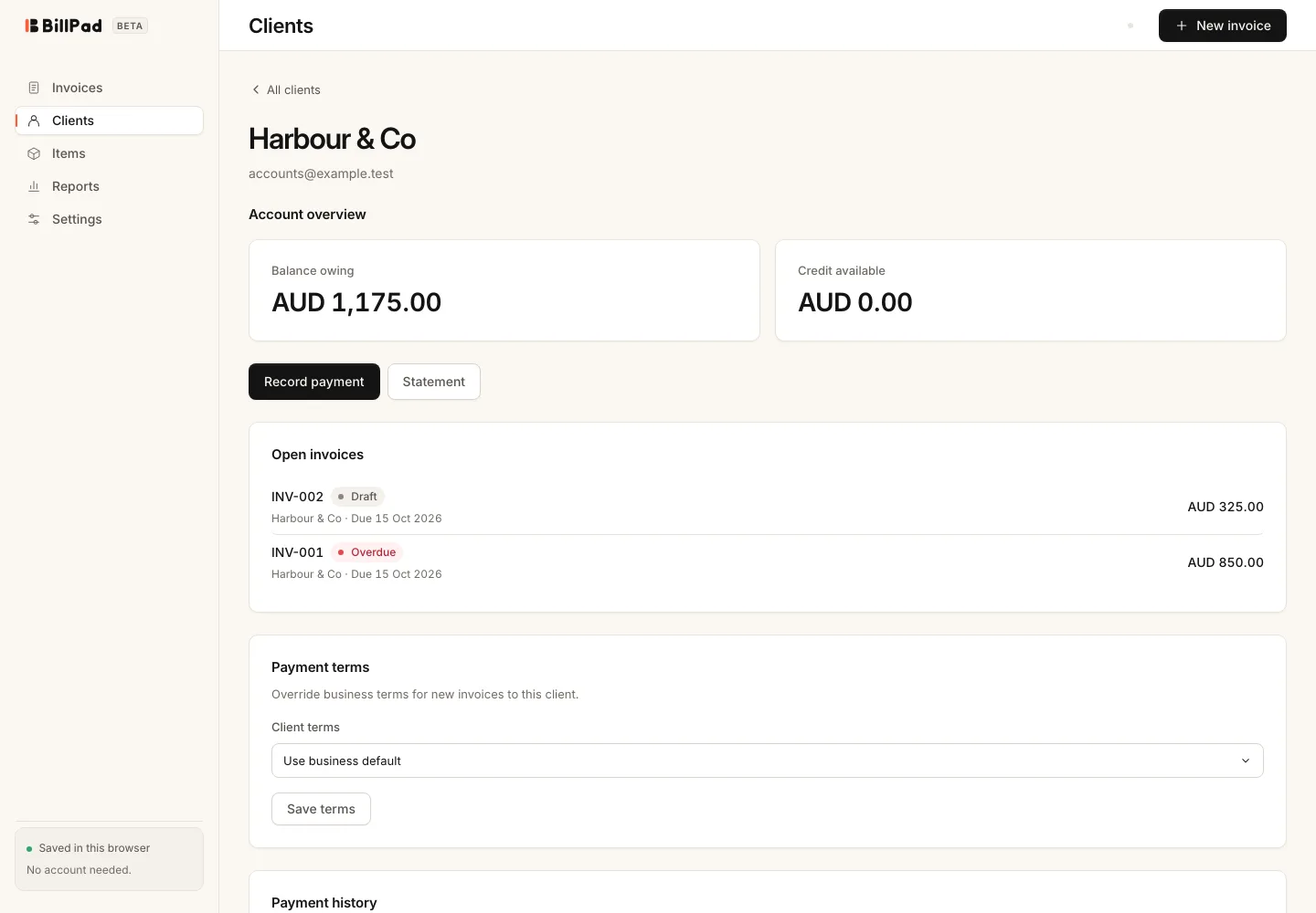Client account showing balance and statement actions
