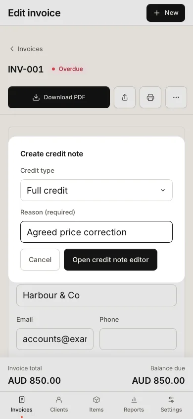 Credit note sheet with a reason for the correction