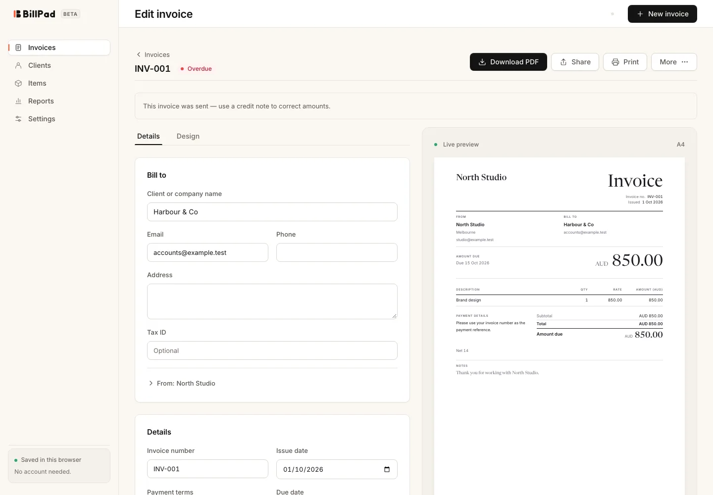 The invoice editor with fictional business and client details