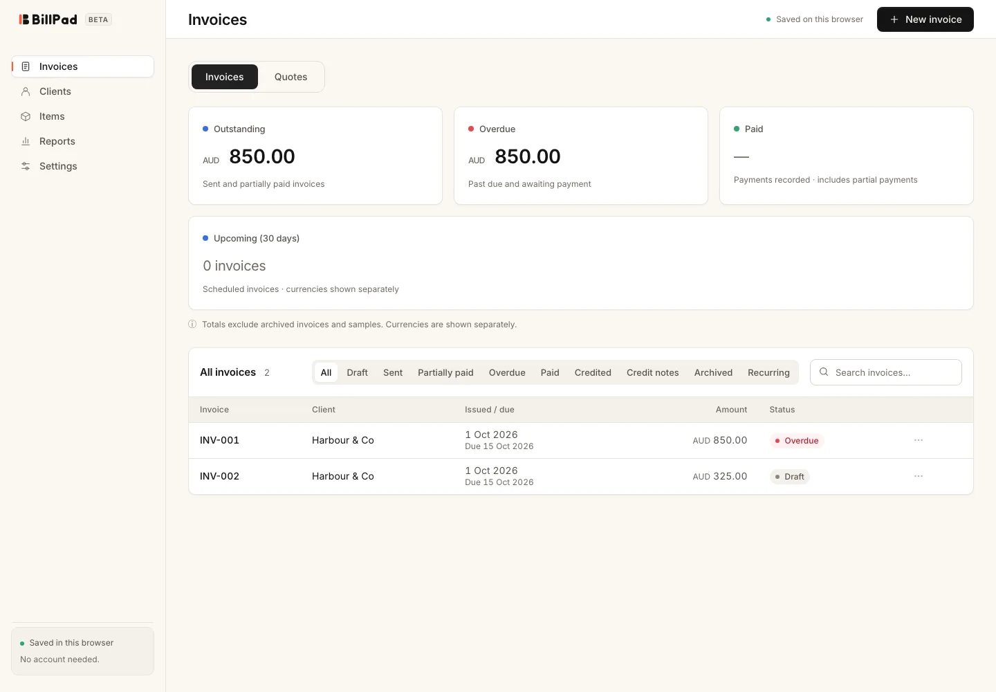 Invoice list with fictional demonstration records