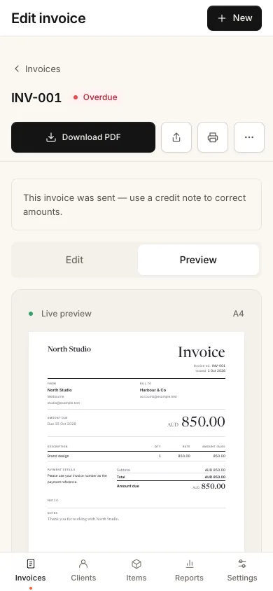 Invoice preview and PDF actions on a phone
