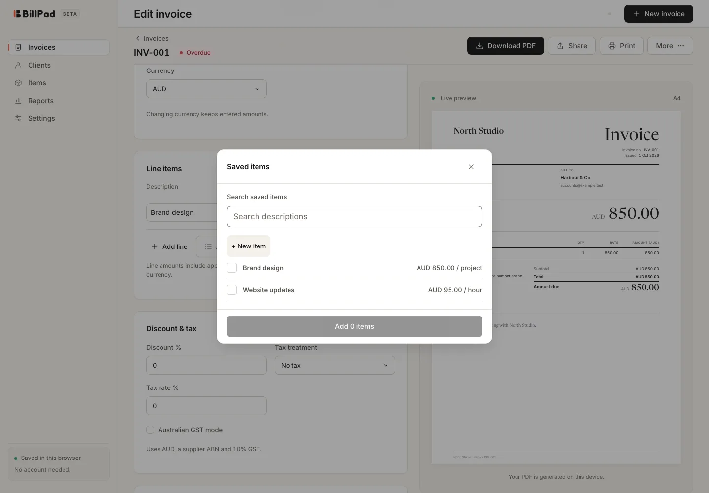 Saved items selected for an invoice