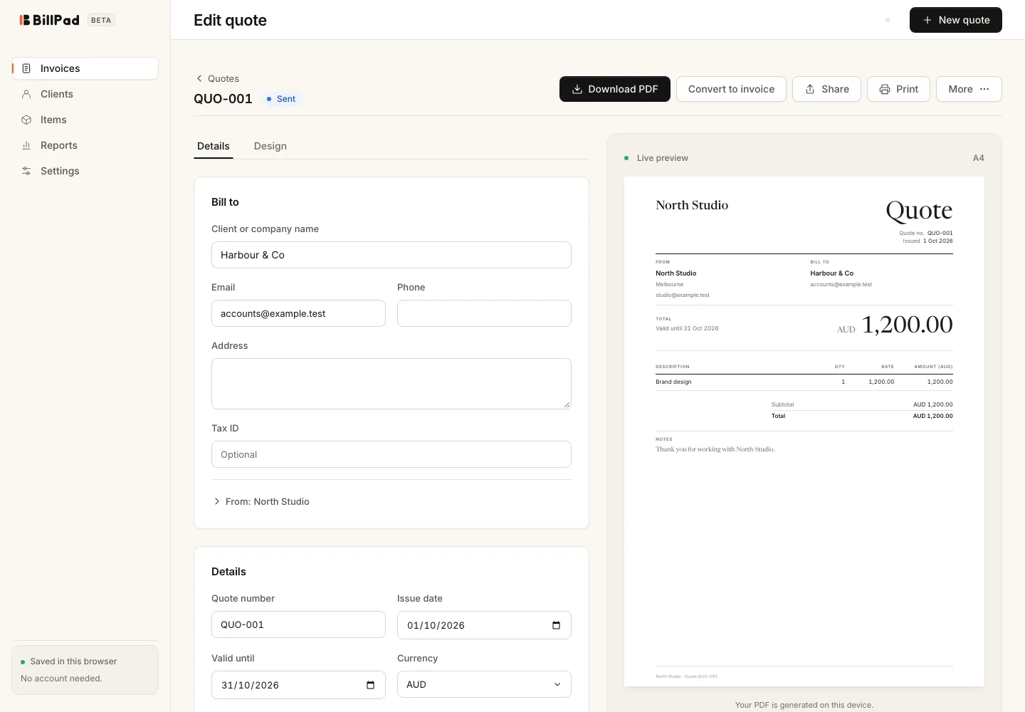 A quote with its Convert to invoice action