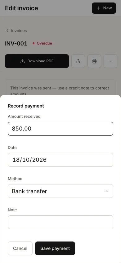 Record payment sheet for a fictional invoice