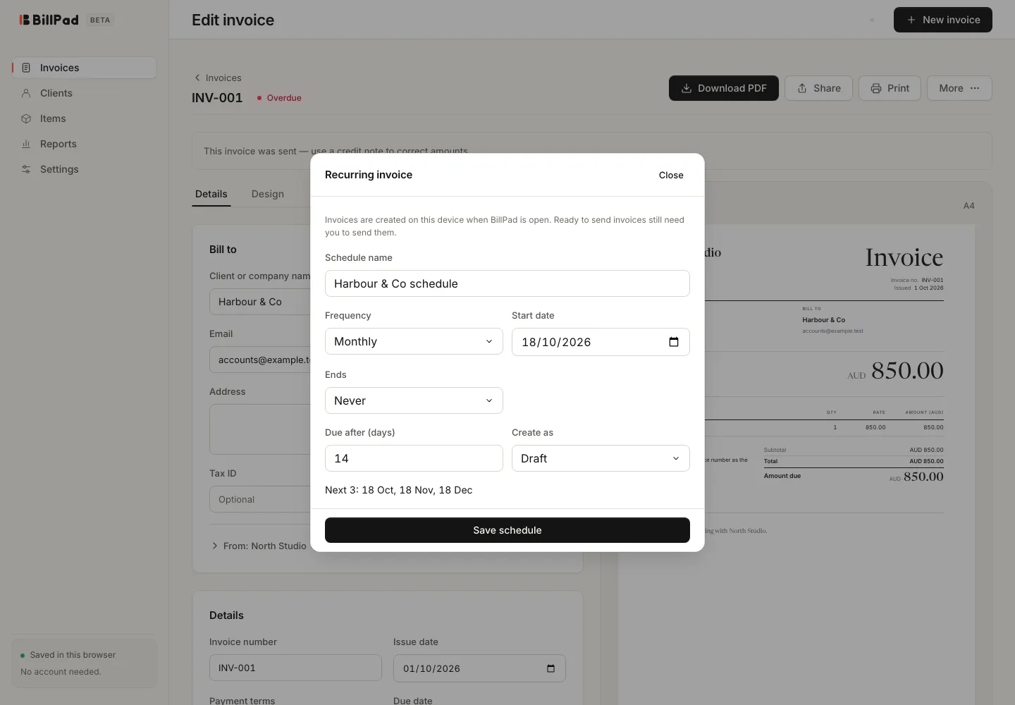 Recurring schedule controls