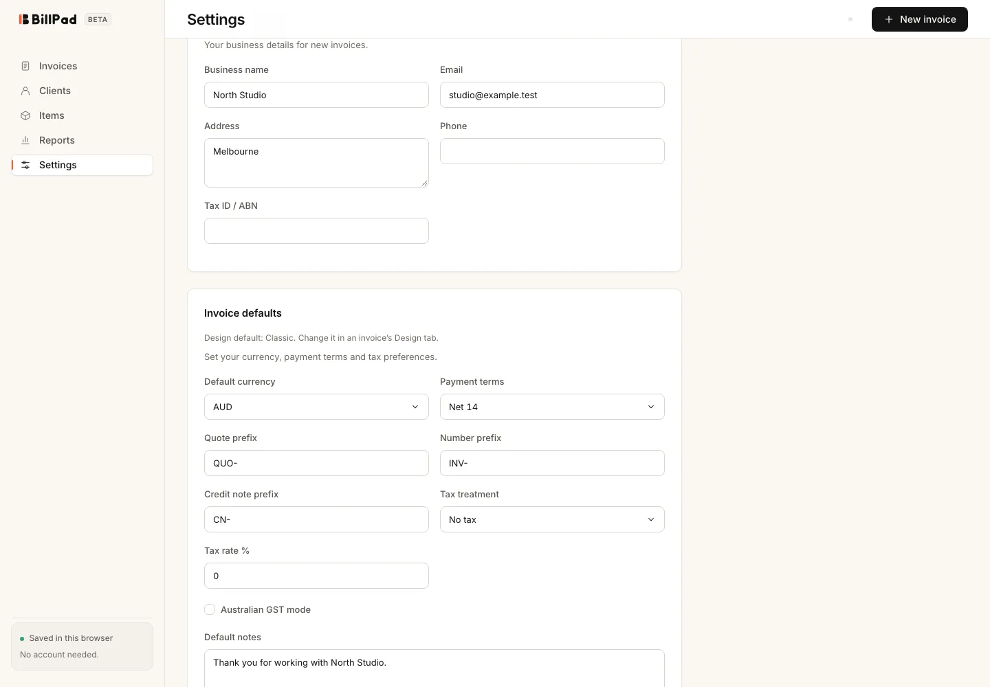 Business profile and invoice defaults in Settings