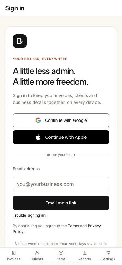 BillPad sign-in options
