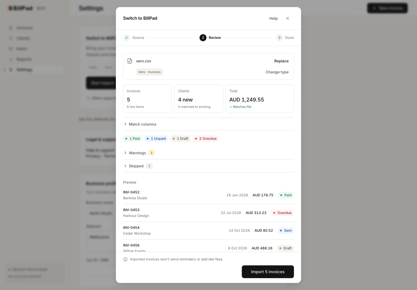 Switch to BillPad with a fictional CSV ready for review
